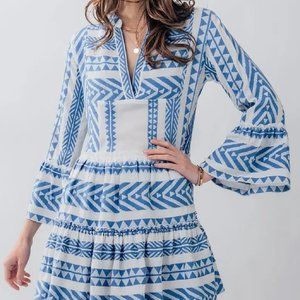 GEO PATTERN RUFFLE BELL SLEEVE DRESS